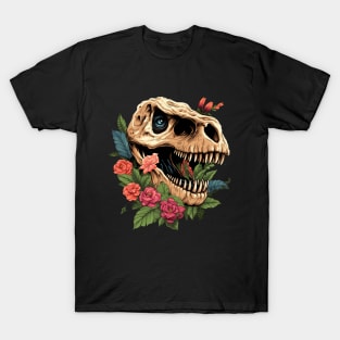 Prehistoric dinosaur skull and flowers T-Shirt